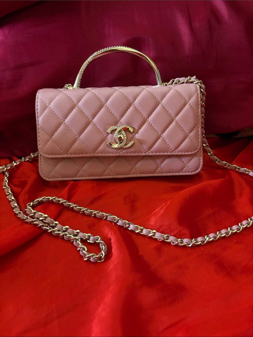 CHANEL Pink Quilted Leather Chain Top-Handle Crossbody